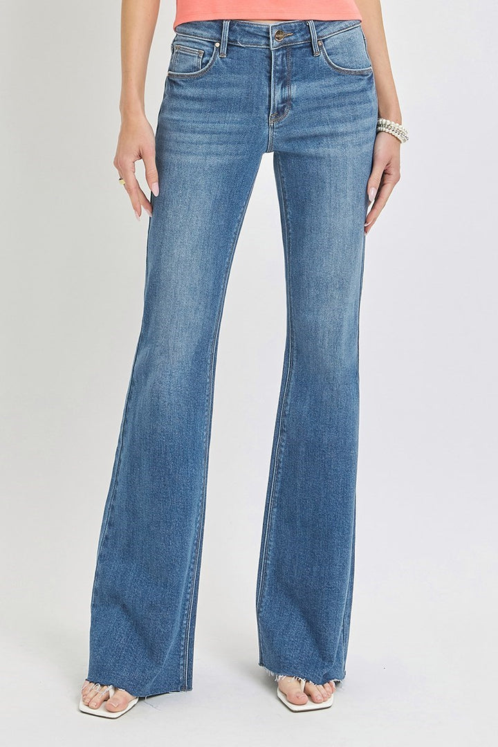 RISEN Madison Mid Rise Raw Hem Flare Jean