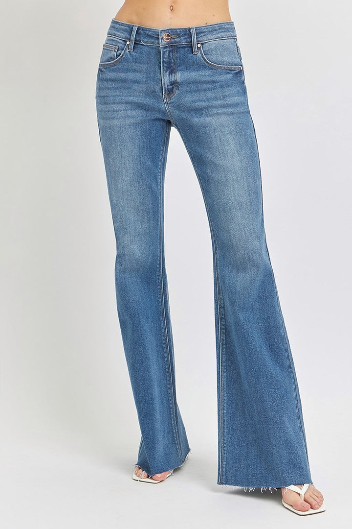 RISEN Madison Mid Rise Raw Hem Flare Jean