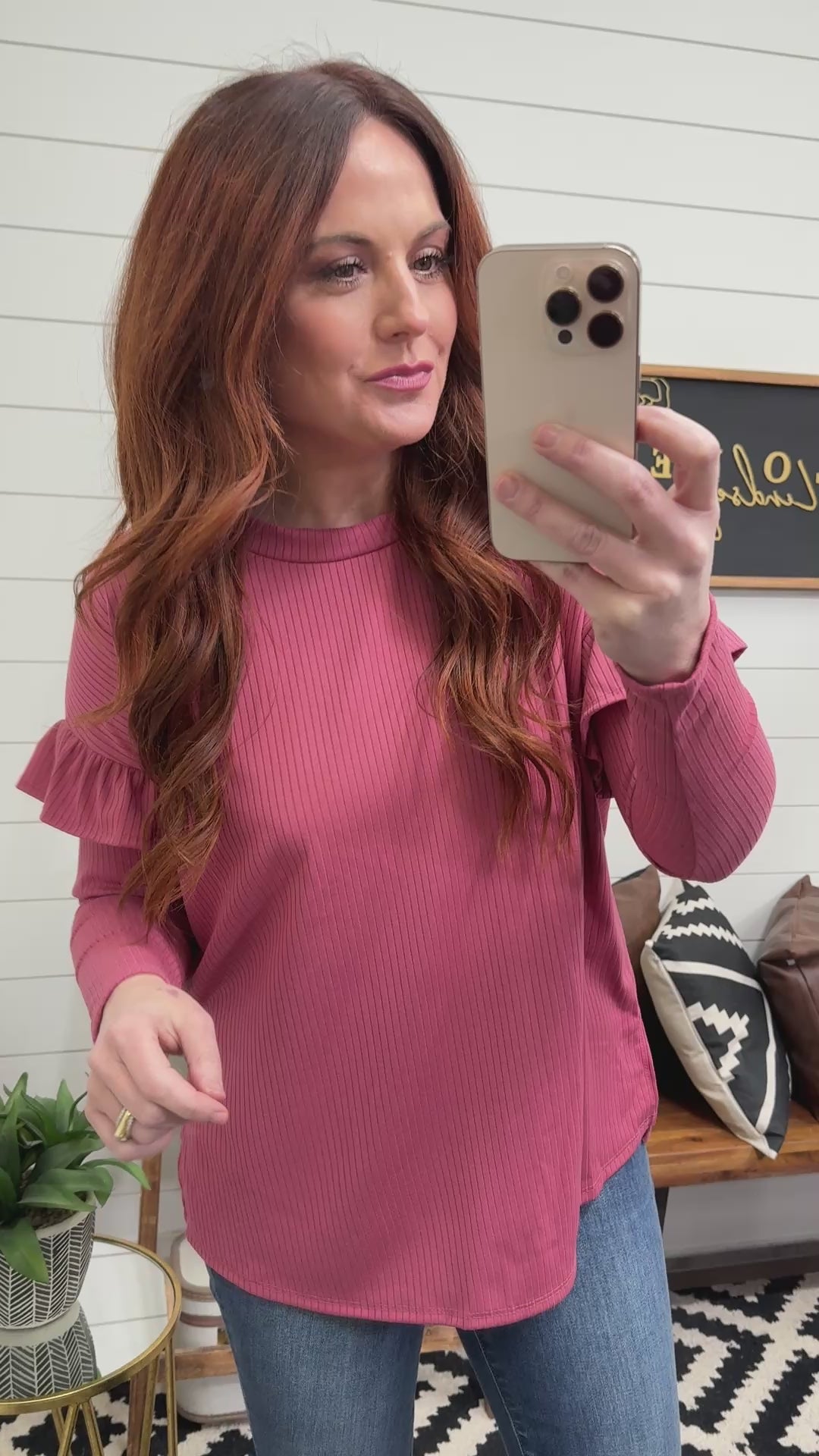 Mauve Ruffle Shoulder Ribbed Long Sleeve Tee