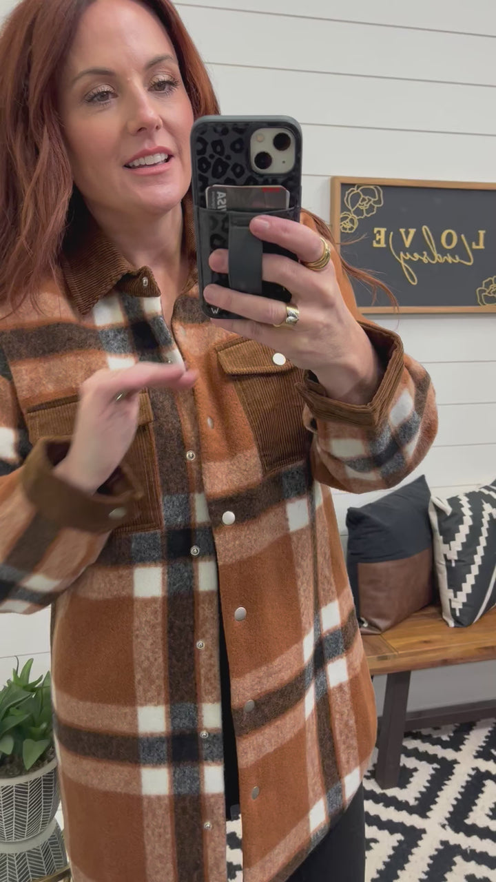 Cozy Cognac Plaid and Corduroy Shacket