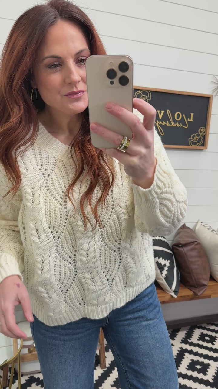 Cream V Neck Cable Knit Sweater