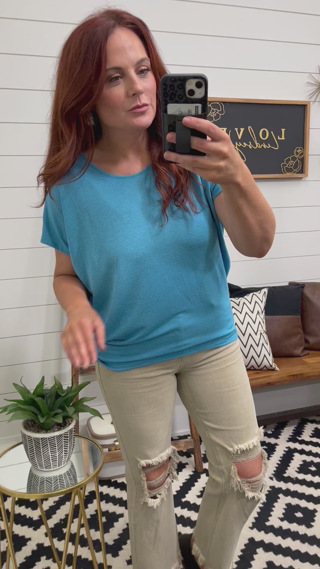 Short Sleeve Turquoise Textured Dolman Top