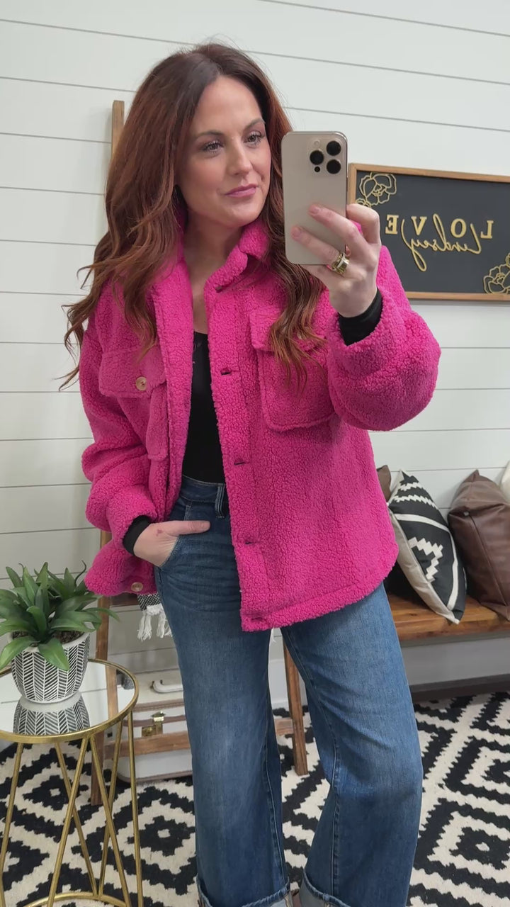 Hot Pink Sherpa Button Up Shacket