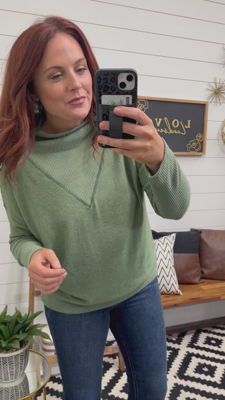 Olive Mock Neck Sweater w/ Reverse Stitching