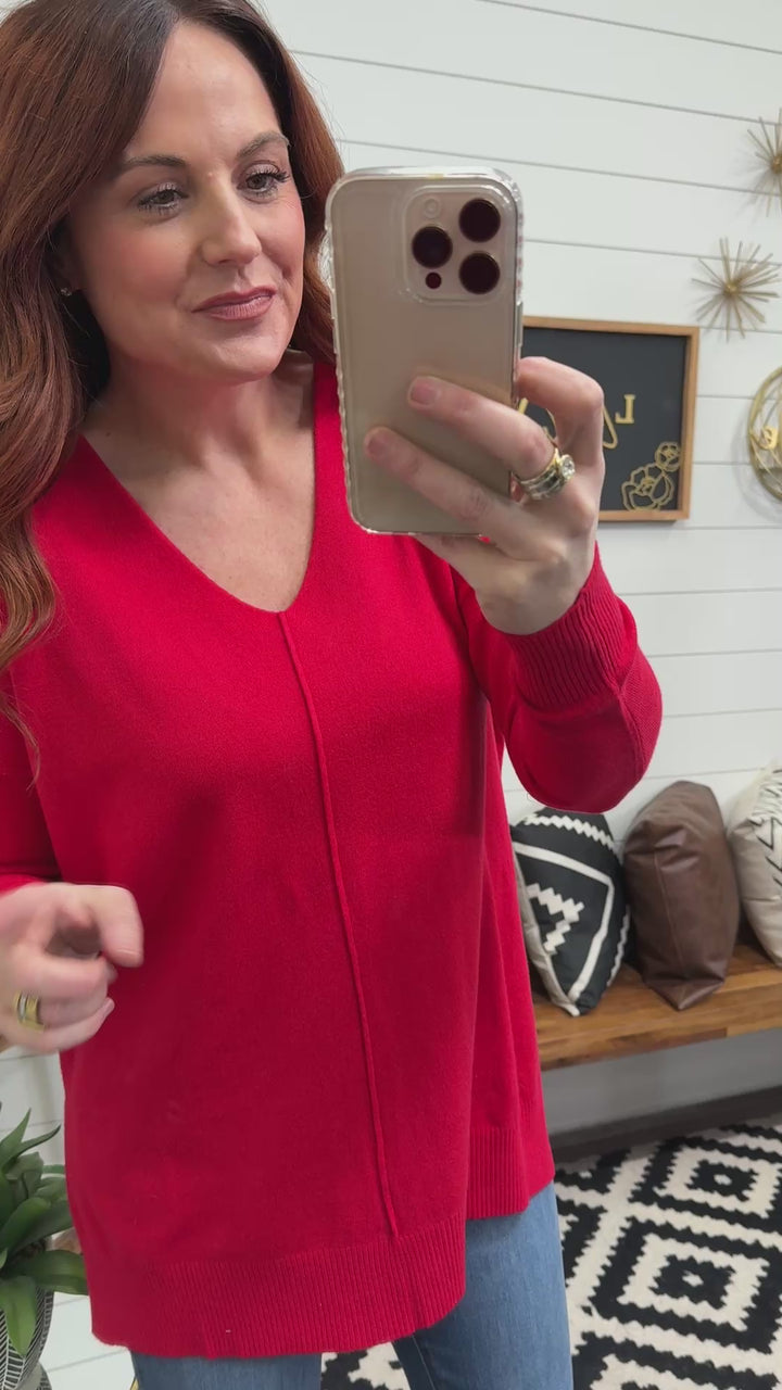 Luxe Hi-Low Center Seam V Neck Sweater: Red