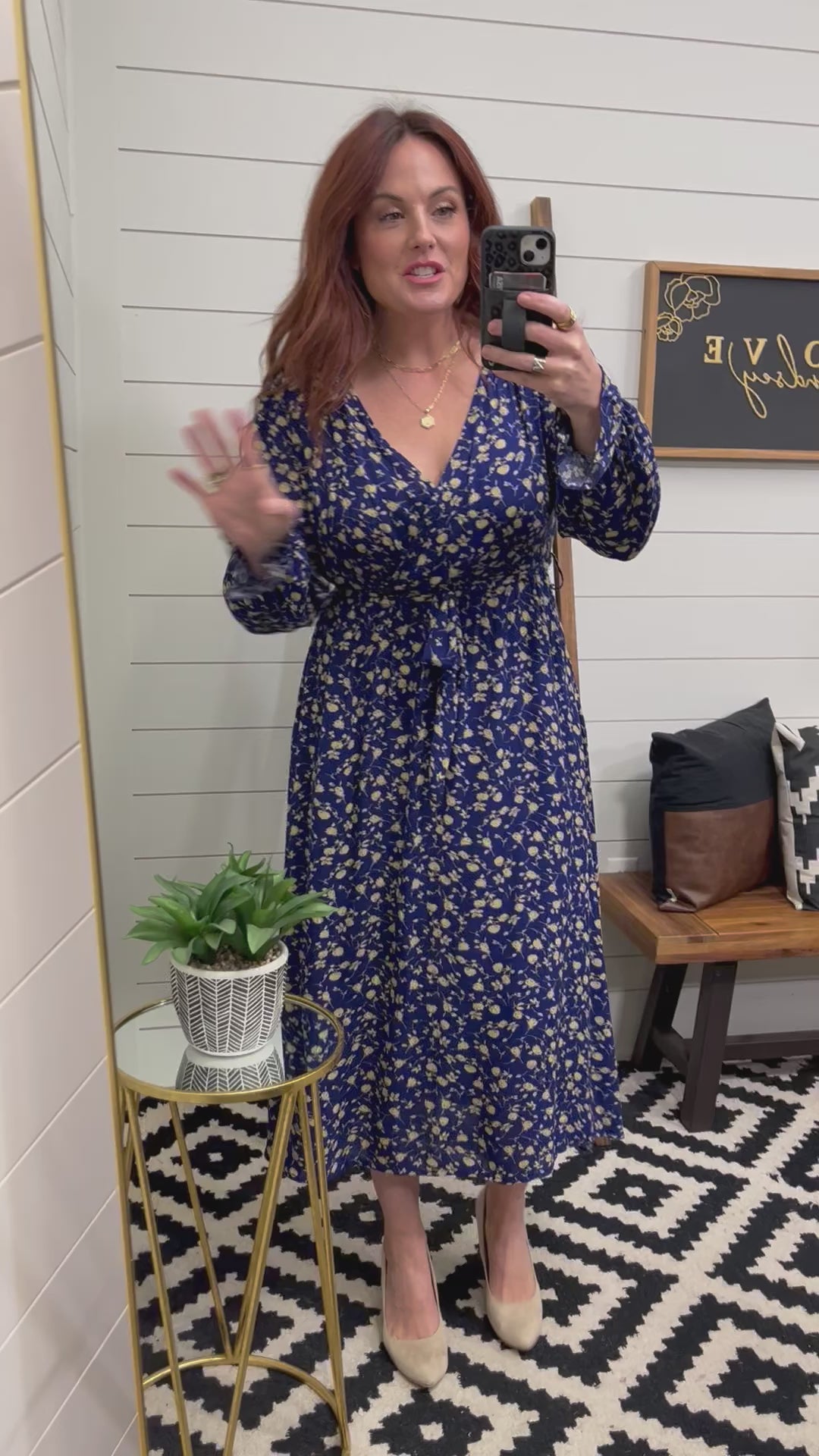 Navy Faux Wrap Flounce Sleeve Floral Midi Dress