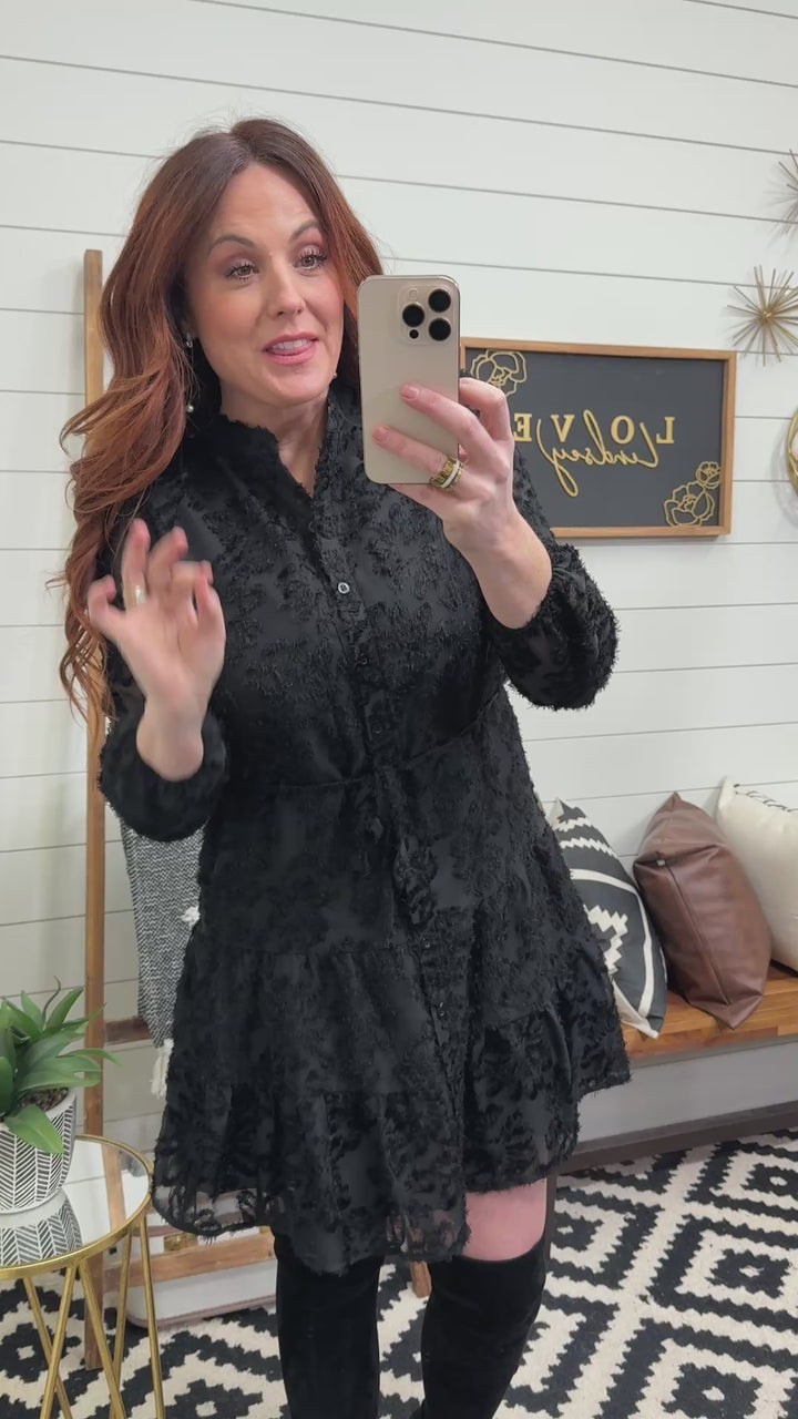 Black Button Up Sheer Sleeve Shirt Dress